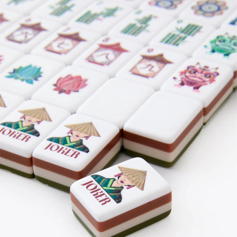 Olive Pagoda olive green acrylic American mahjong tile set tiles arranged on a clear pusher