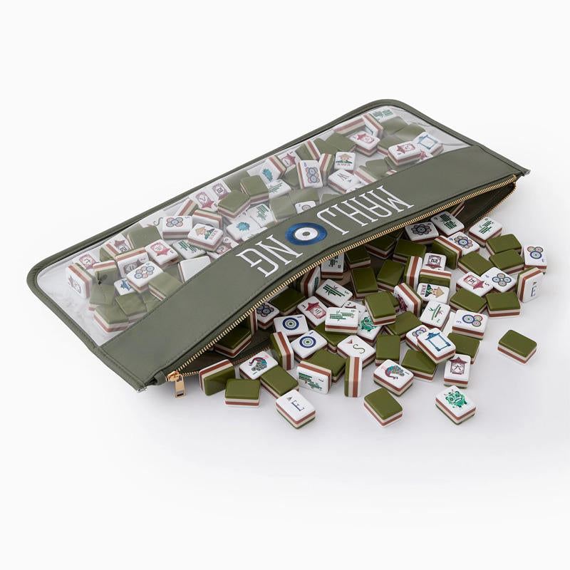 Olive Pagoda olive green acrylic American mahjong tile set close-up tile artwork and layered acrylic backs