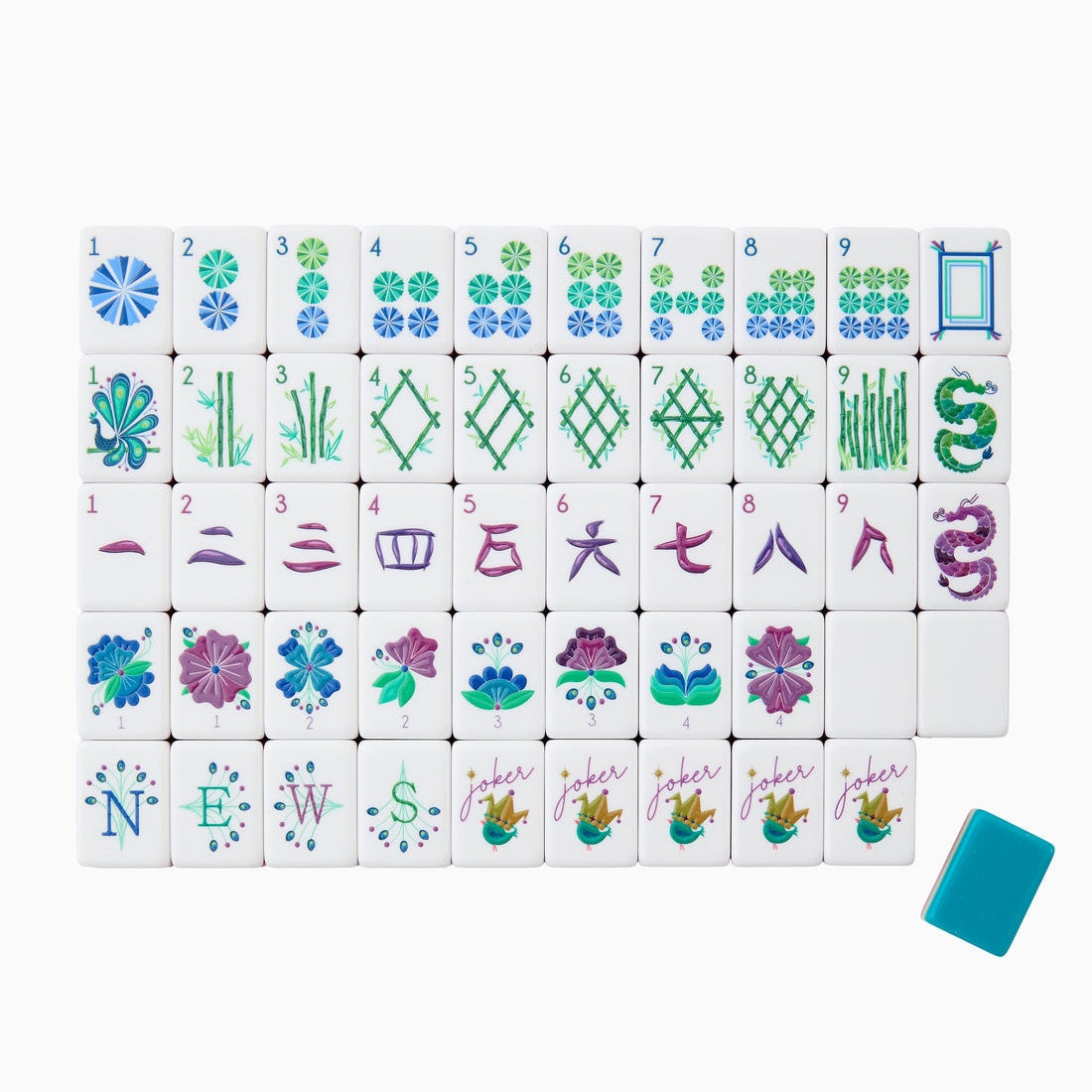 Peacock Lagoon peacock blue acrylic American mahjong tile set complete tile layout