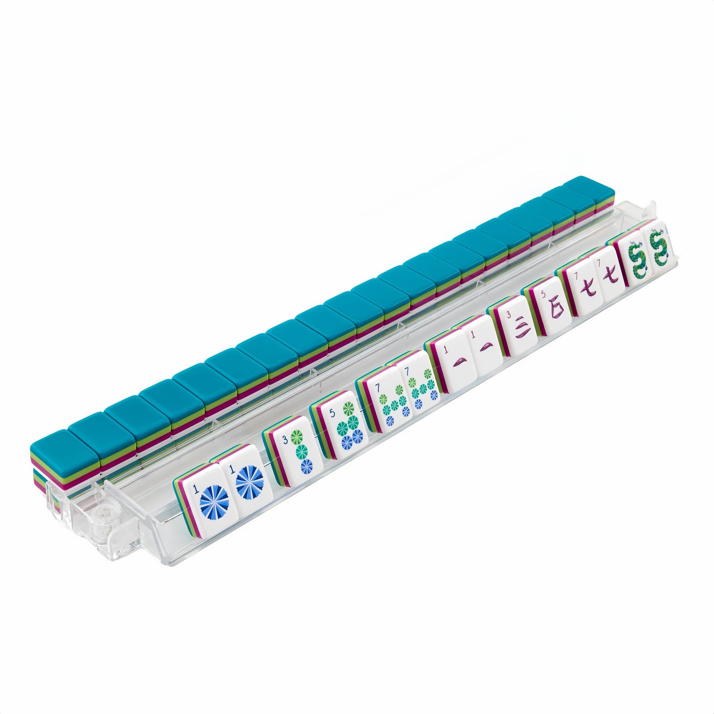 Peacock Lagoon peacock blue acrylic American mahjong tile set tiles arranged on a clear pusher