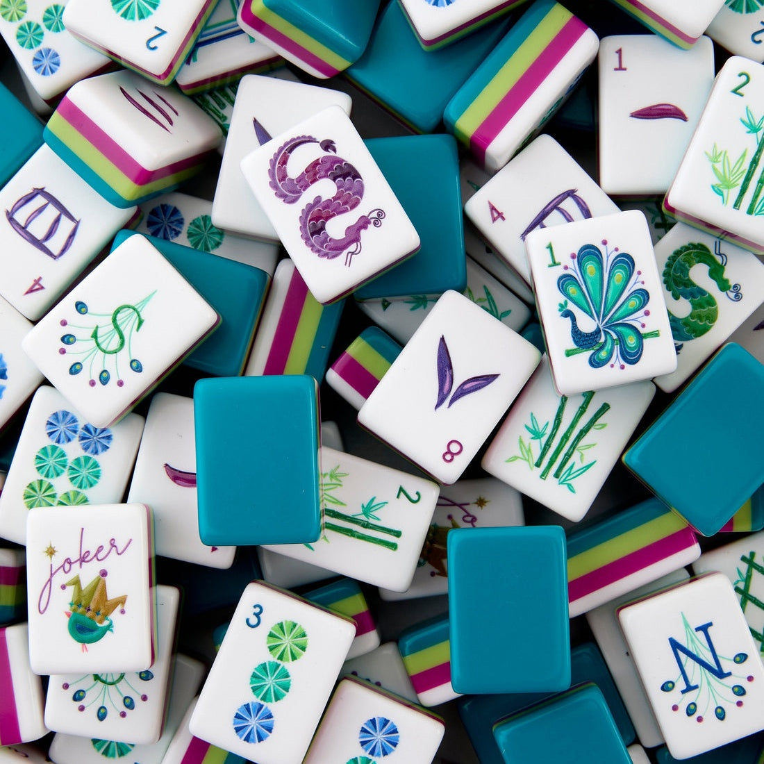 Peacock Lagoon peacock blue acrylic American mahjong tile set close-up tile artwork and layered acrylic backs