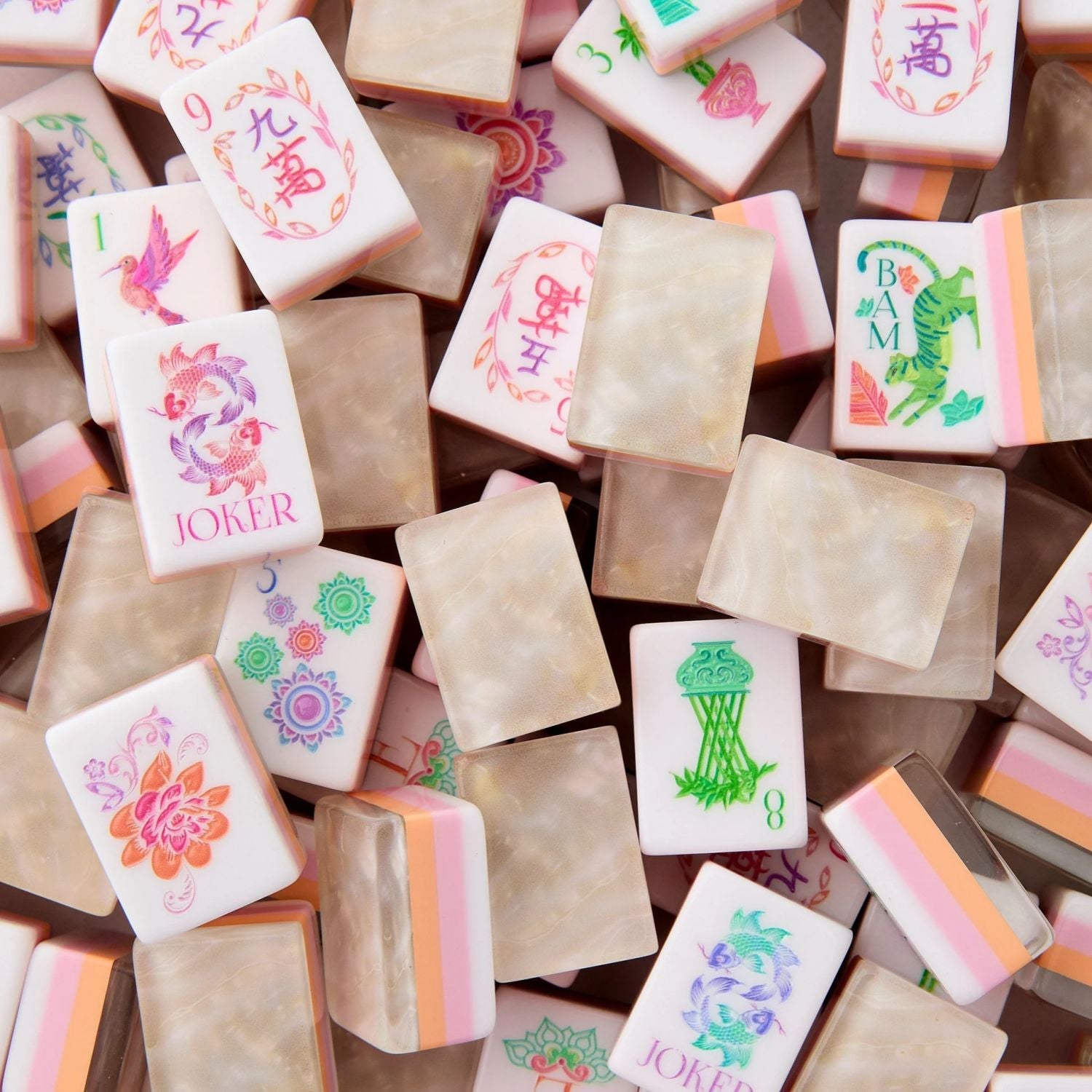 Pearl Petal pearl and blush acrylic American mahjong tile set tiles and coordinated colors