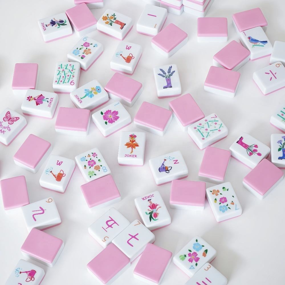 Pink Garden soft pink botanical acrylic American mahjong tile set tiles and coordinated design