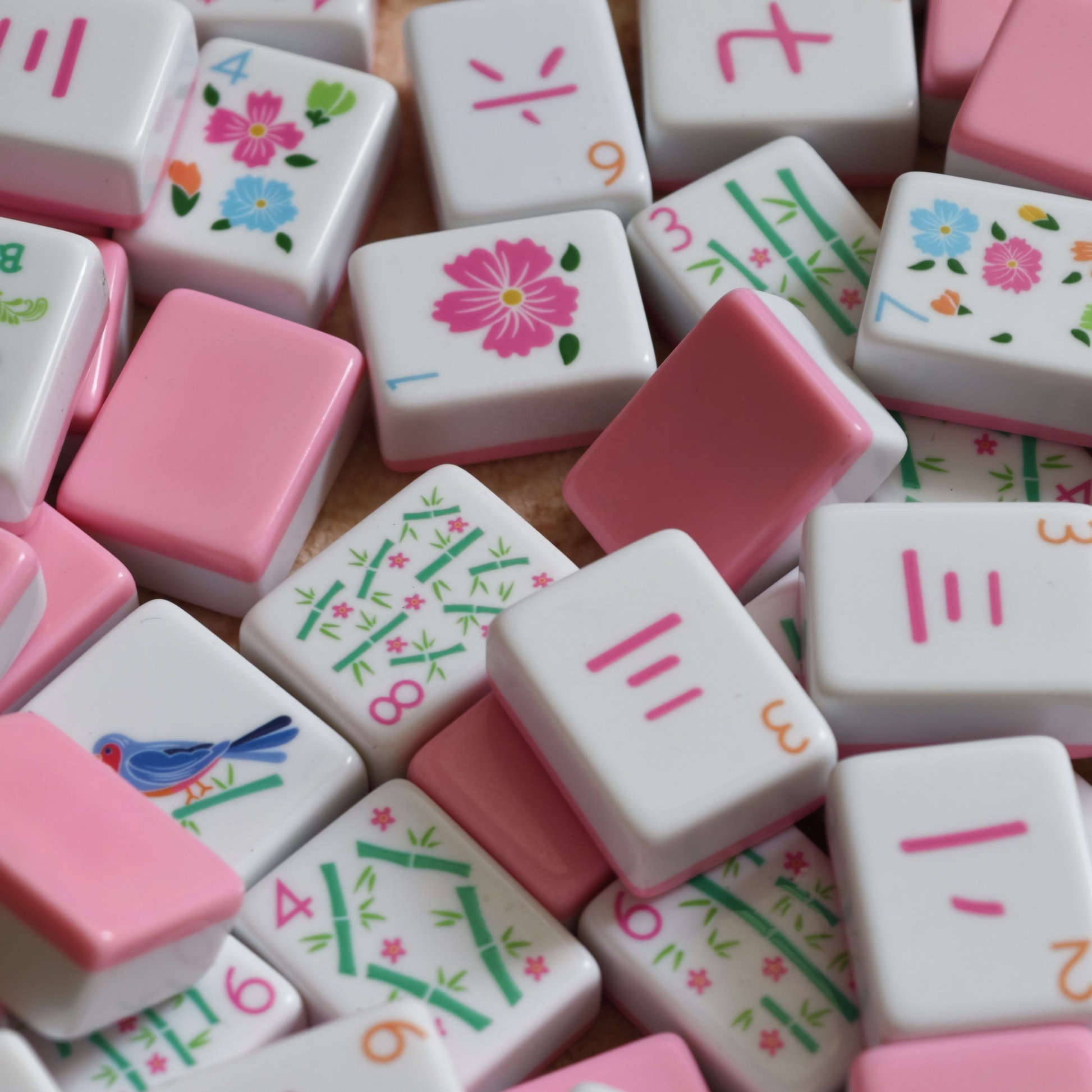 Pink Garden soft pink botanical acrylic American mahjong tile set close-up tile artwork