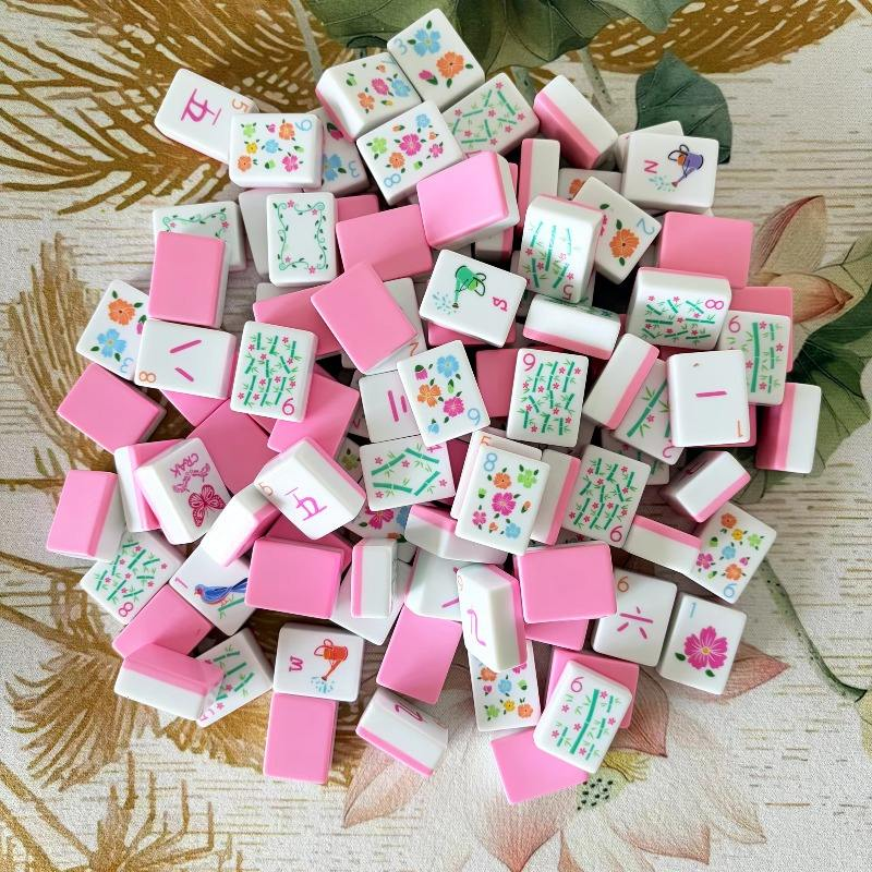 Pink Garden soft pink botanical acrylic American mahjong tile set tiles arranged on a clear pusher
