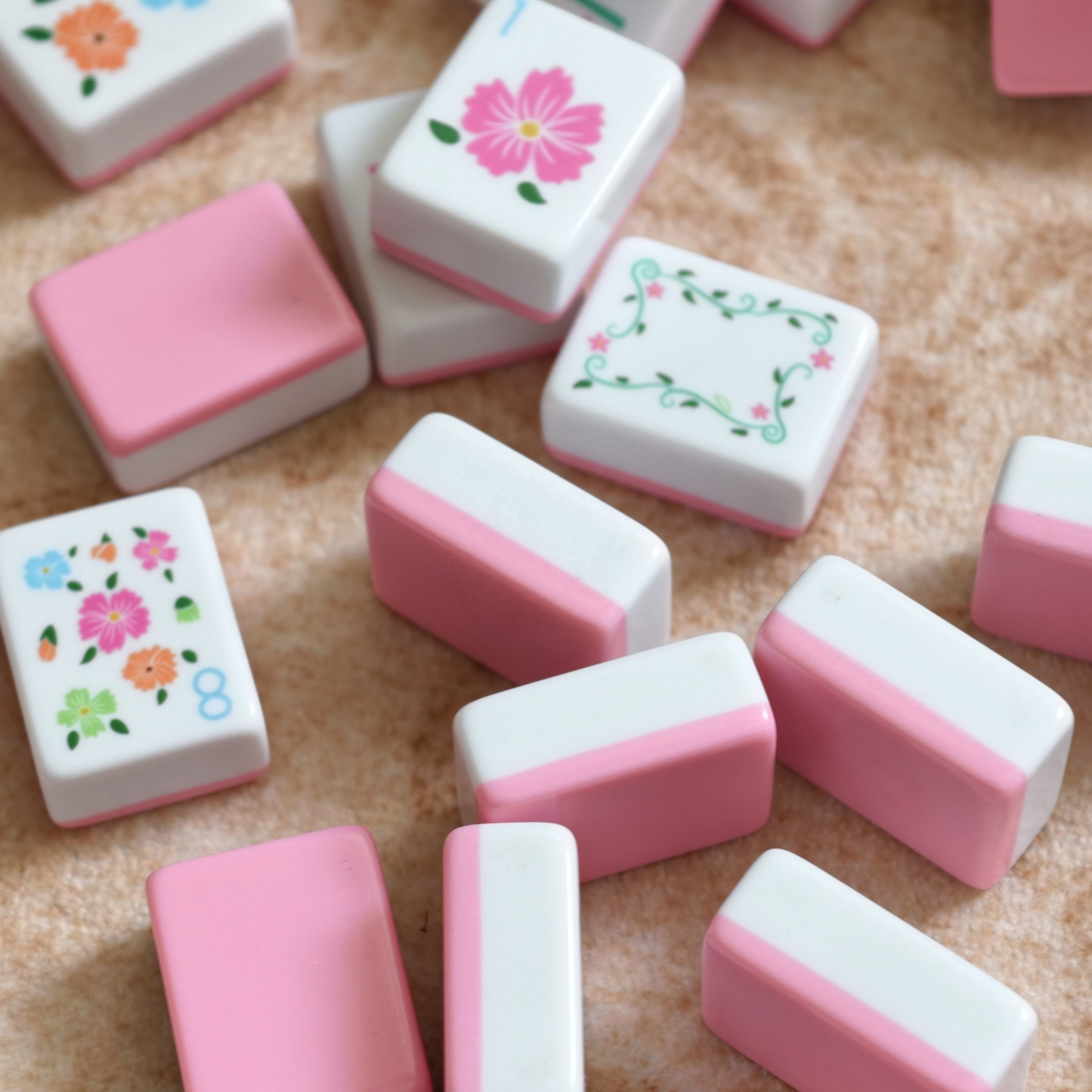 Pink Garden soft pink botanical acrylic American mahjong tile set tile size and layered acrylic details