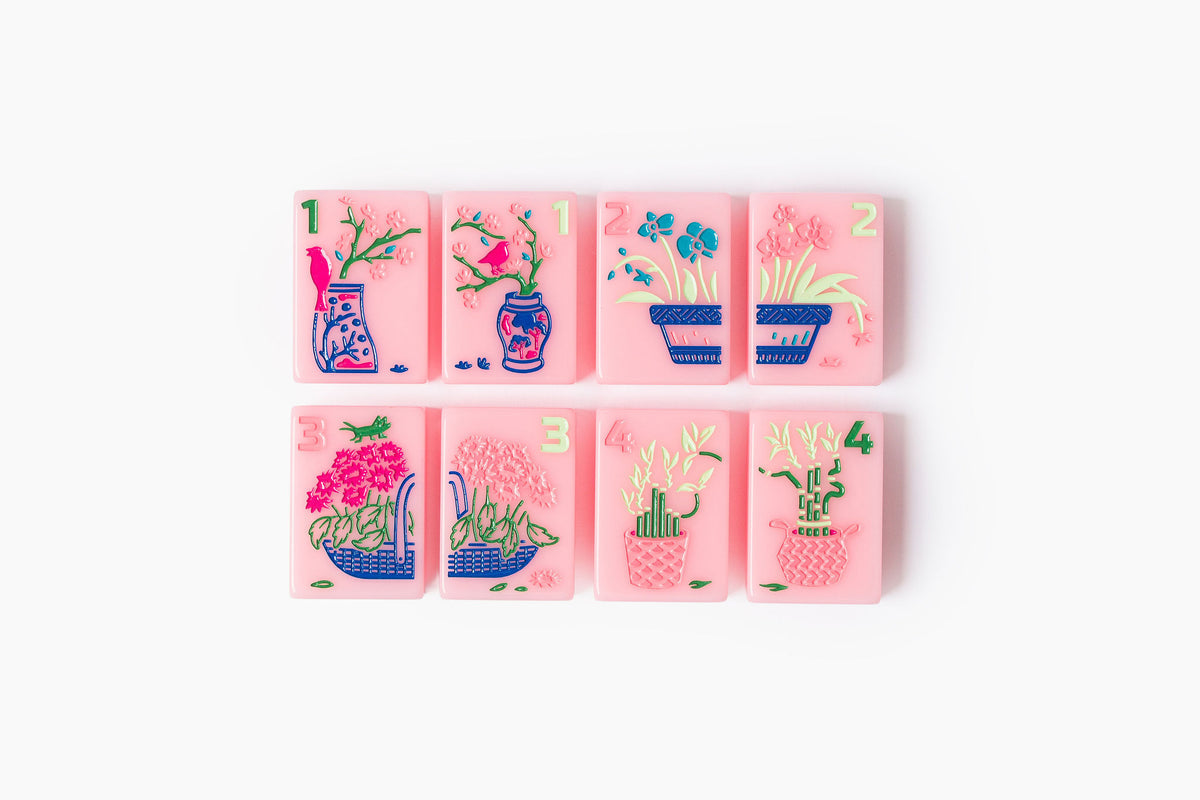 Pink Riviera pink resort-inspired acrylic American mahjong tile set close-up tile artwork