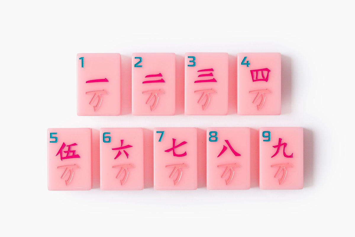 Pink Riviera pink resort-inspired acrylic American mahjong tile set tile size and layered acrylic details