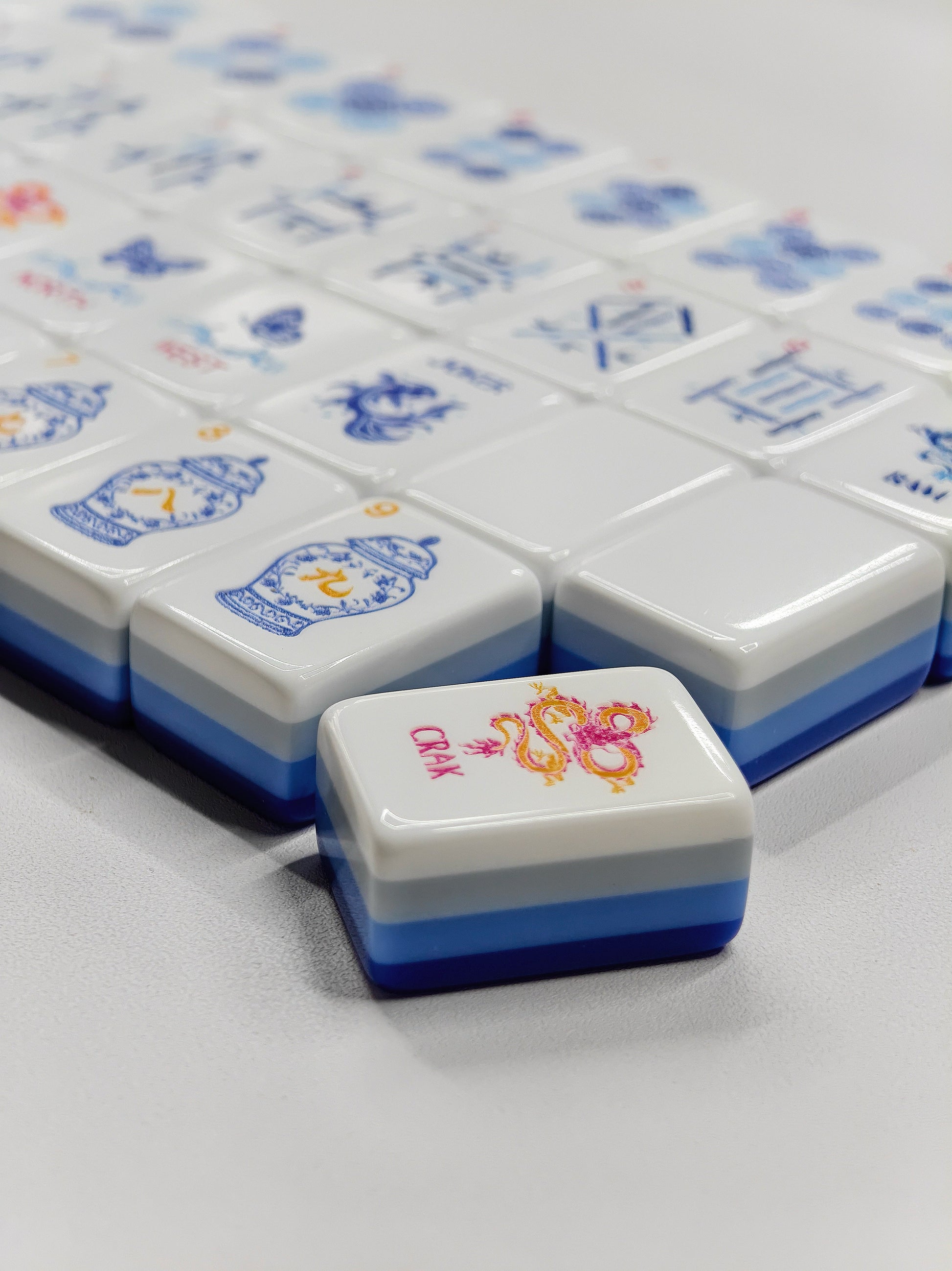 Porcelain Coast blue-and-white porcelain acrylic American mahjong tile set close-up tile artwork