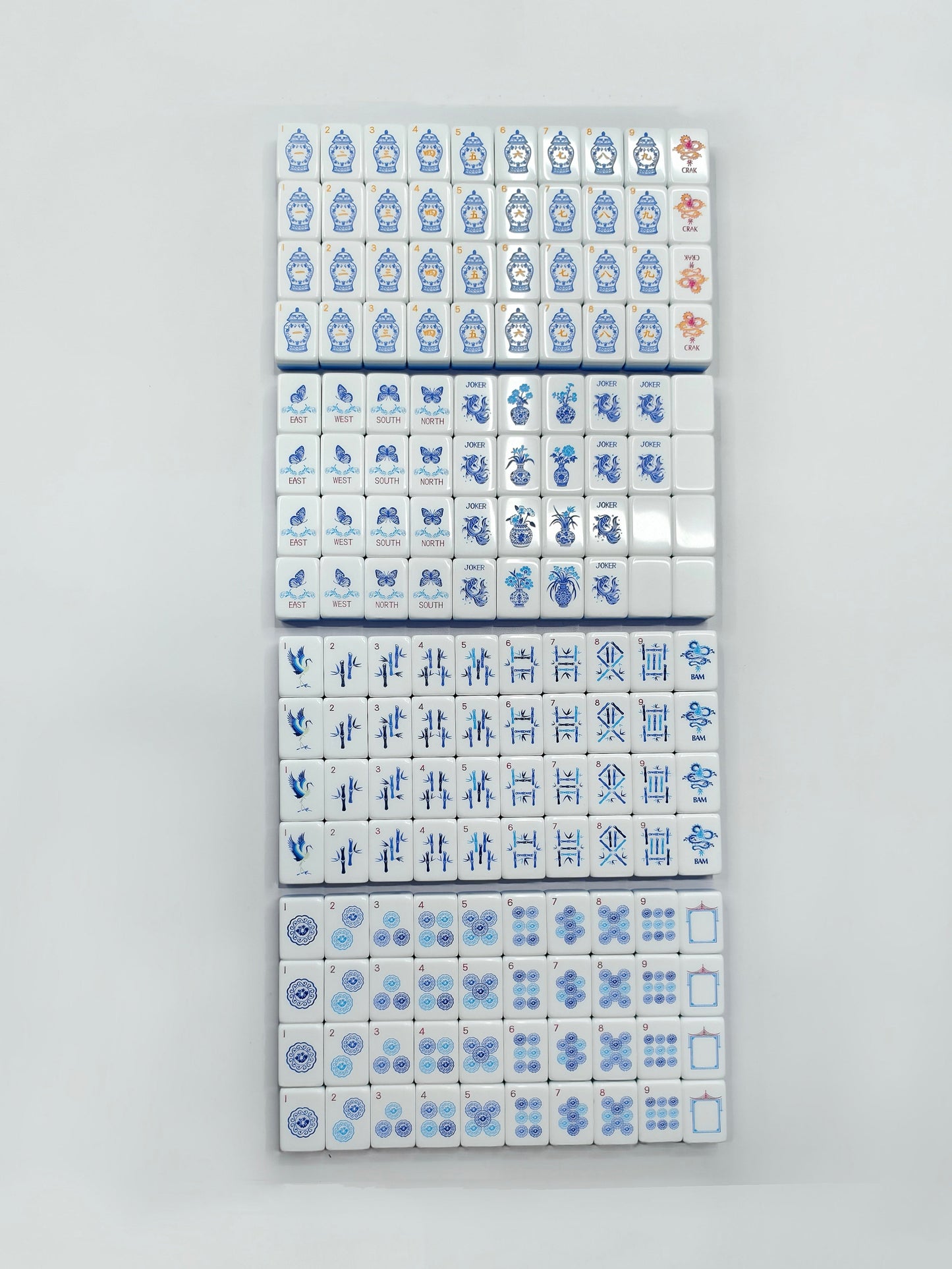 Porcelain Coast blue-and-white porcelain acrylic American mahjong tile set tile size and layered acrylic details