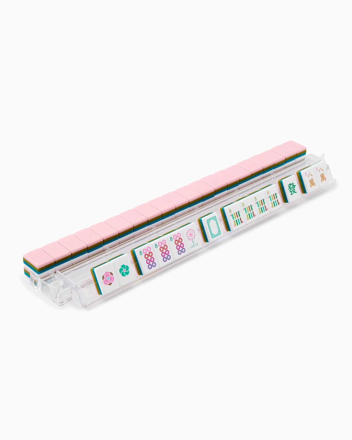 Rose Dandelion blush pink acrylic American mahjong tile set tiles arranged on a clear pusher