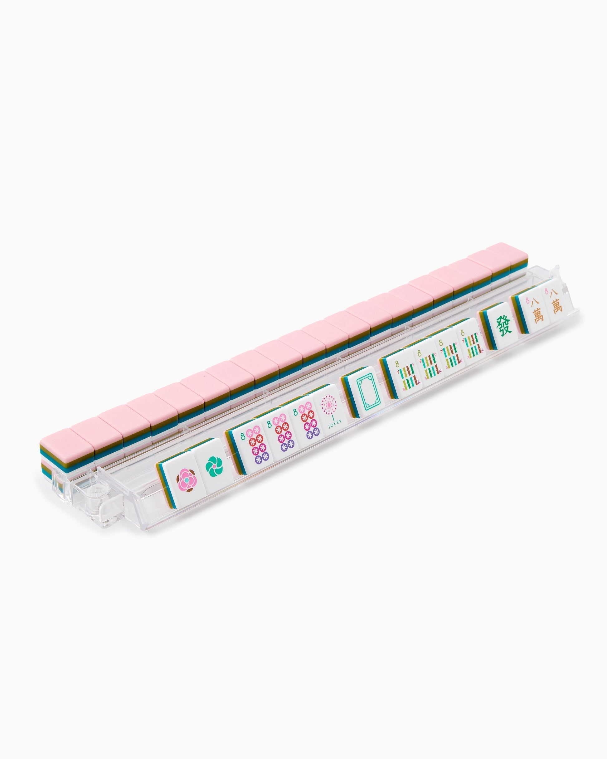 Rose Dandelion blush pink acrylic American mahjong tile set tiles arranged on a clear pusher