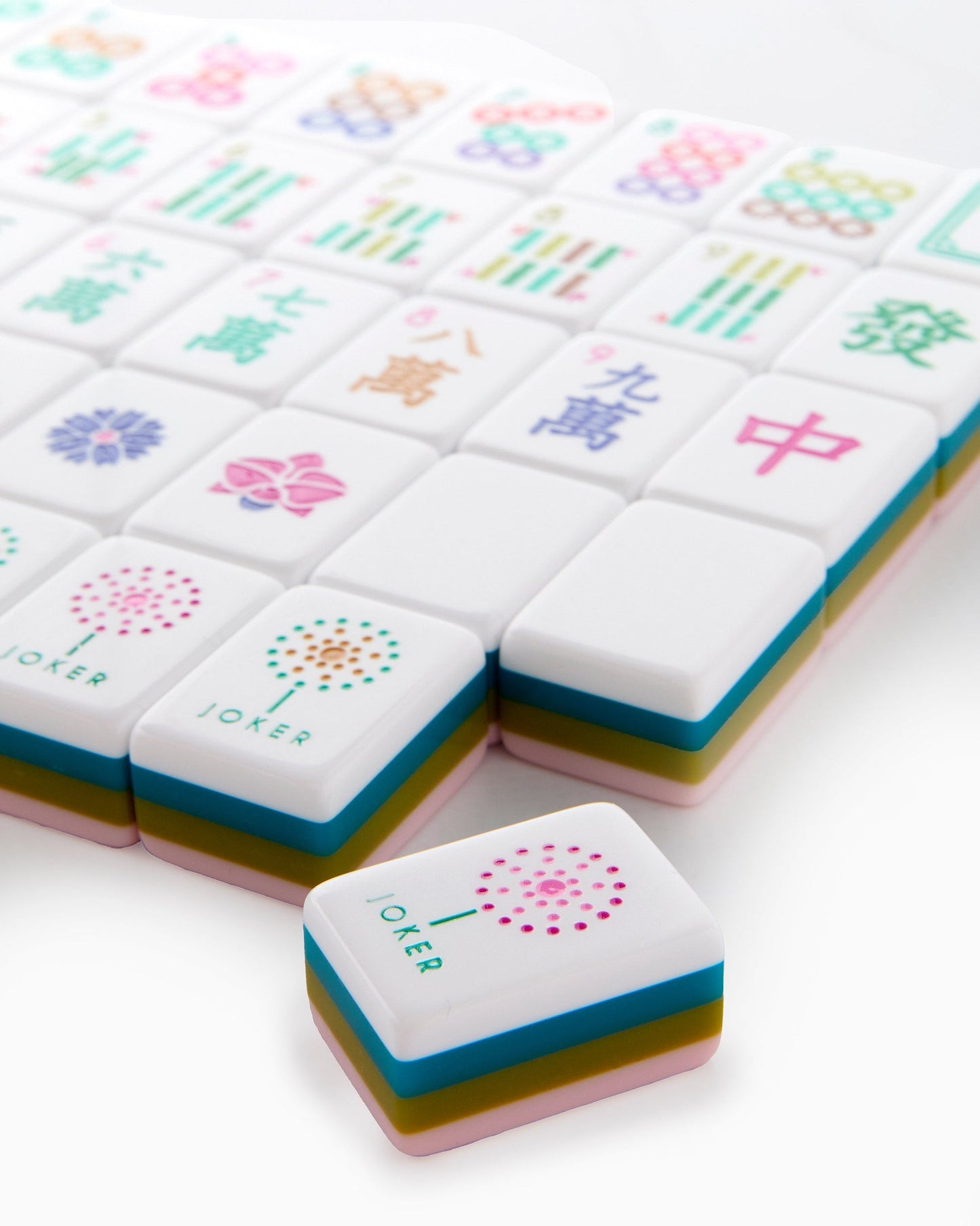 Rose Dandelion blush pink acrylic American mahjong tile set close-up tile artwork and layered acrylic backs