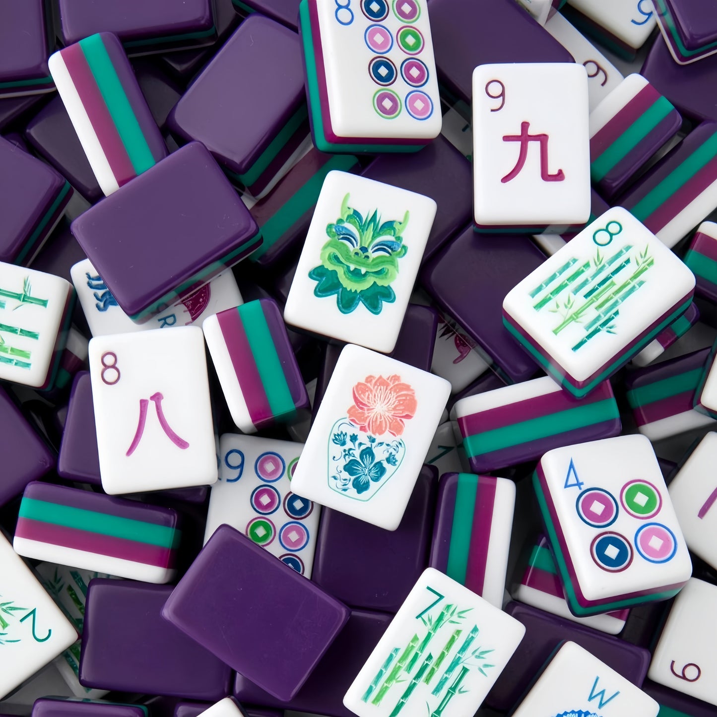 Royal Orchid deep purple acrylic American mahjong tile set tiles arranged on a clear pusher