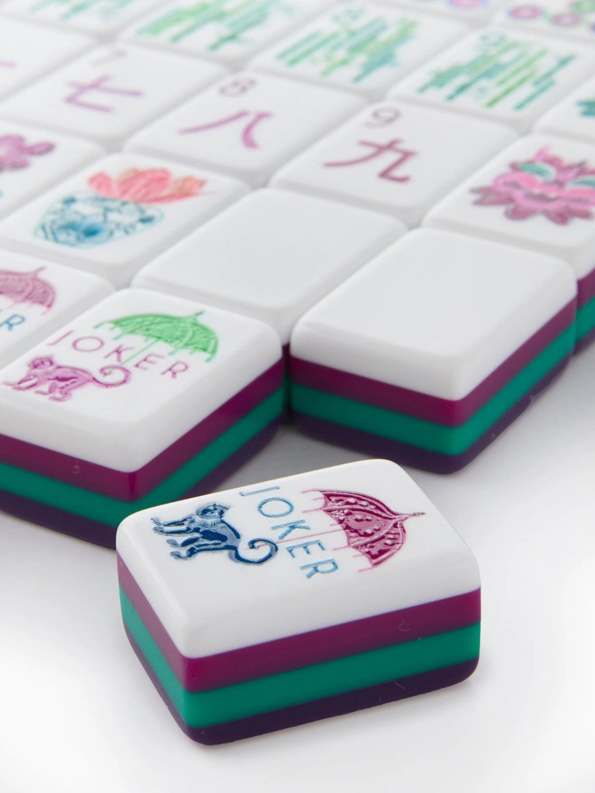 Royal Orchid deep purple acrylic American mahjong tile set close-up tile artwork and layered acrylic backs