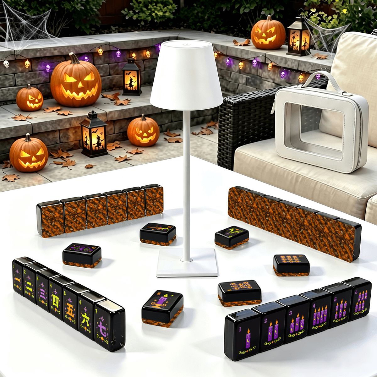 Pumpkin Hex Halloween mahjong set on outdoor patio with jack-o'-lanterns, string lights, white carrying case, and tile racks in a Halloween party setting
