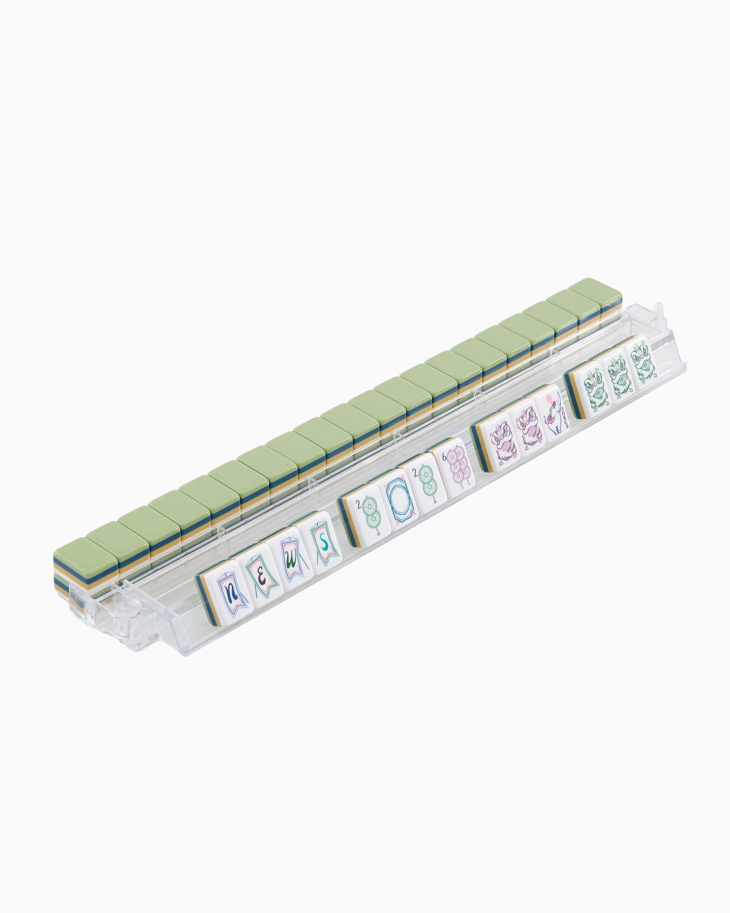 Sage Elephant sage green acrylic American mahjong tile set tiles arranged on a clear pusher
