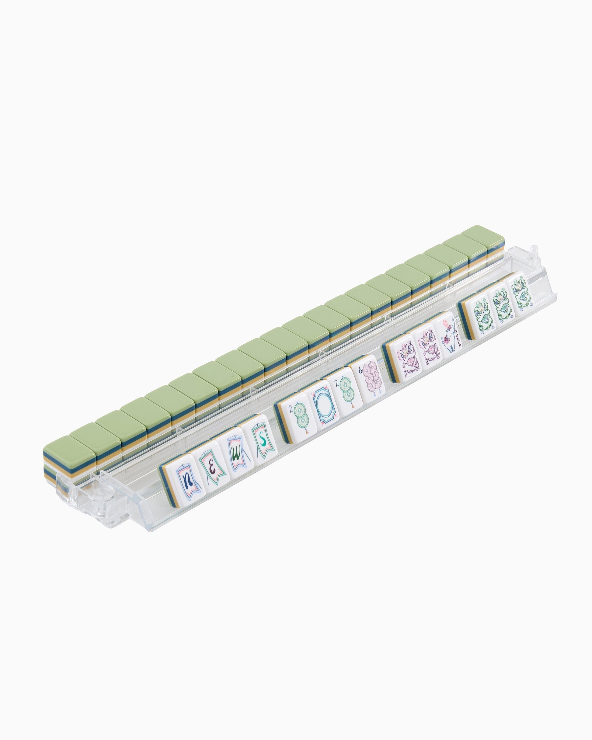 Sage Elephant sage green acrylic American mahjong tile set tiles arranged on a clear pusher