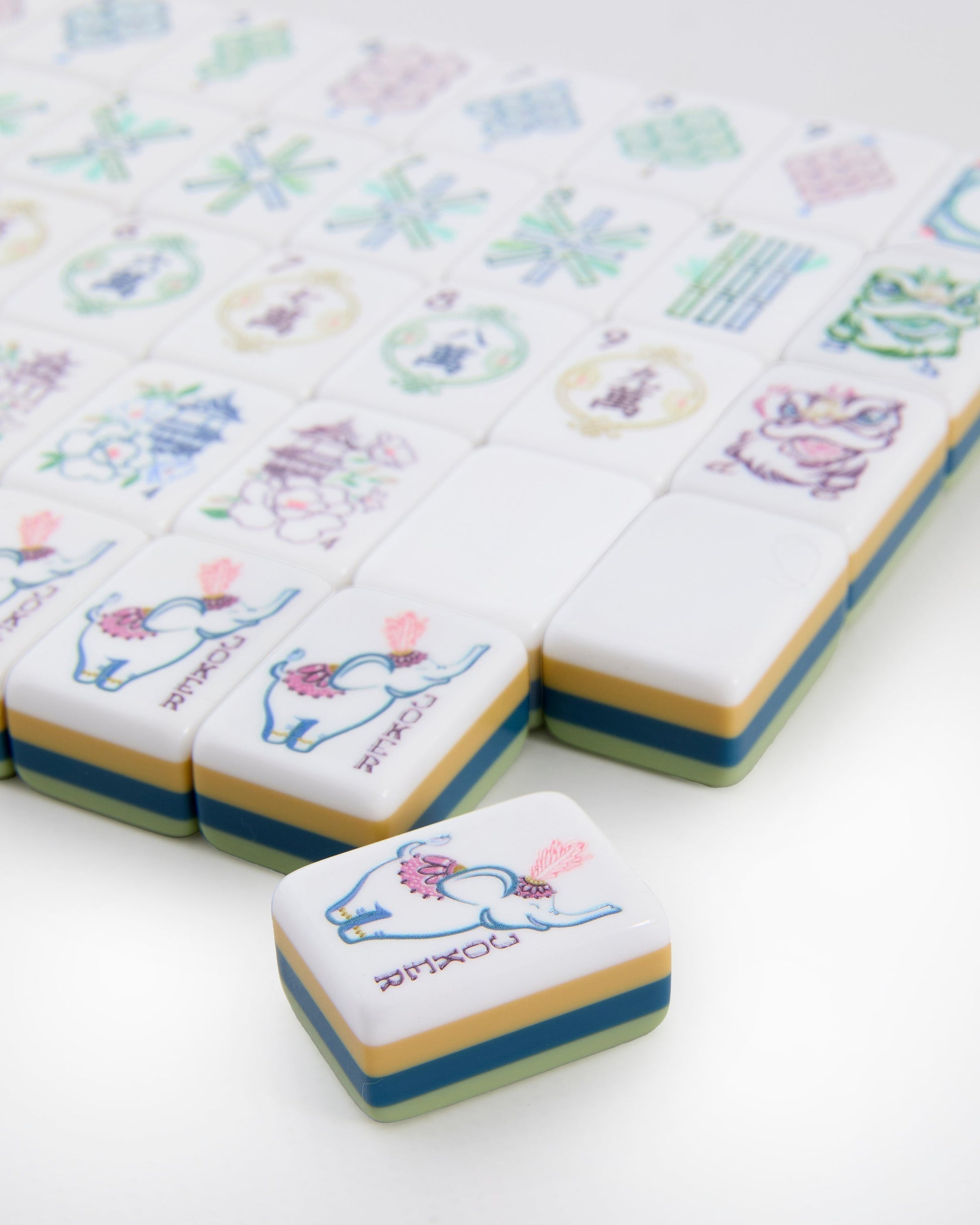 Sage Elephant sage green acrylic American mahjong tile set close-up tile artwork and layered acrylic backs