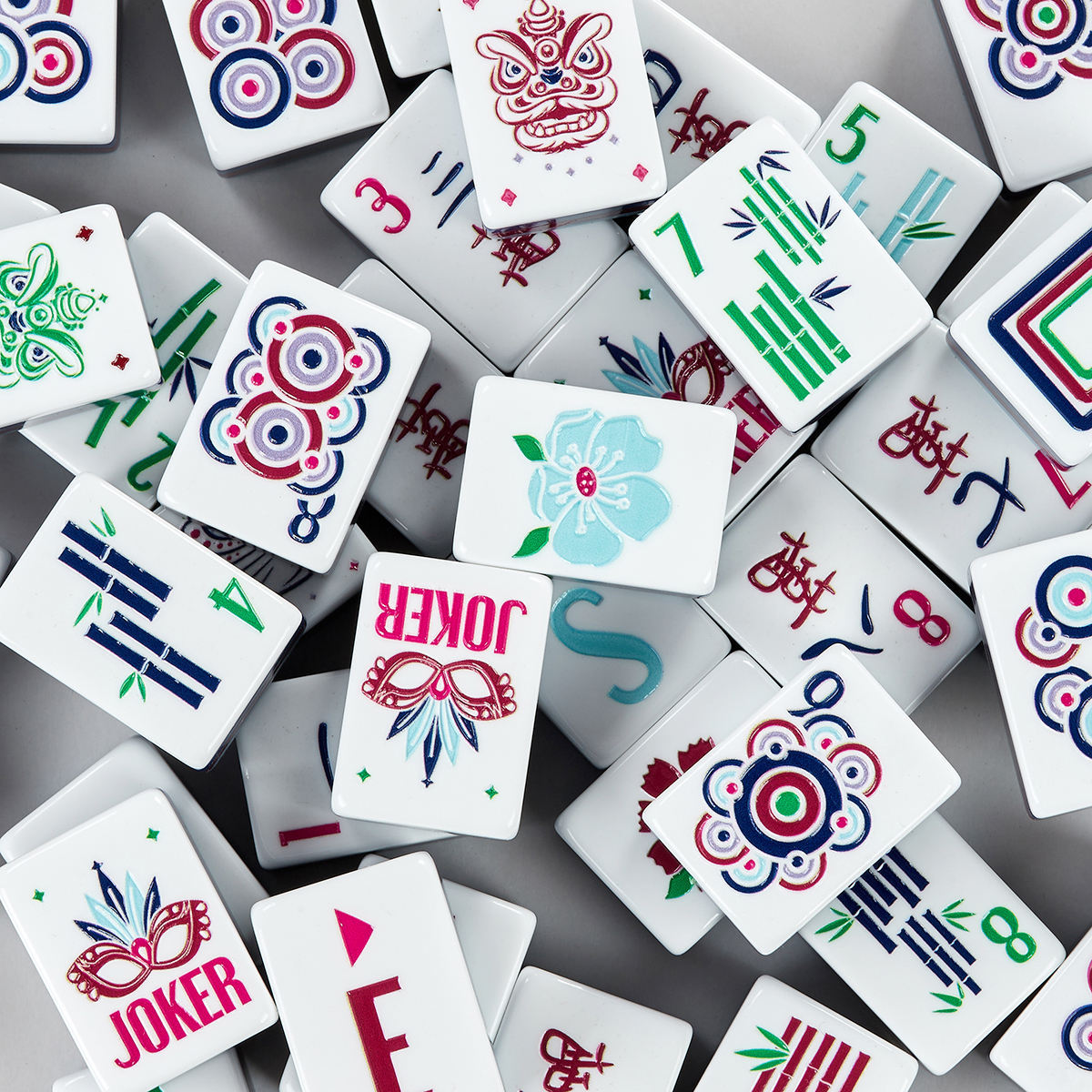 Slate Garden blue-gray acrylic American mahjong tile set close-up tile artwork