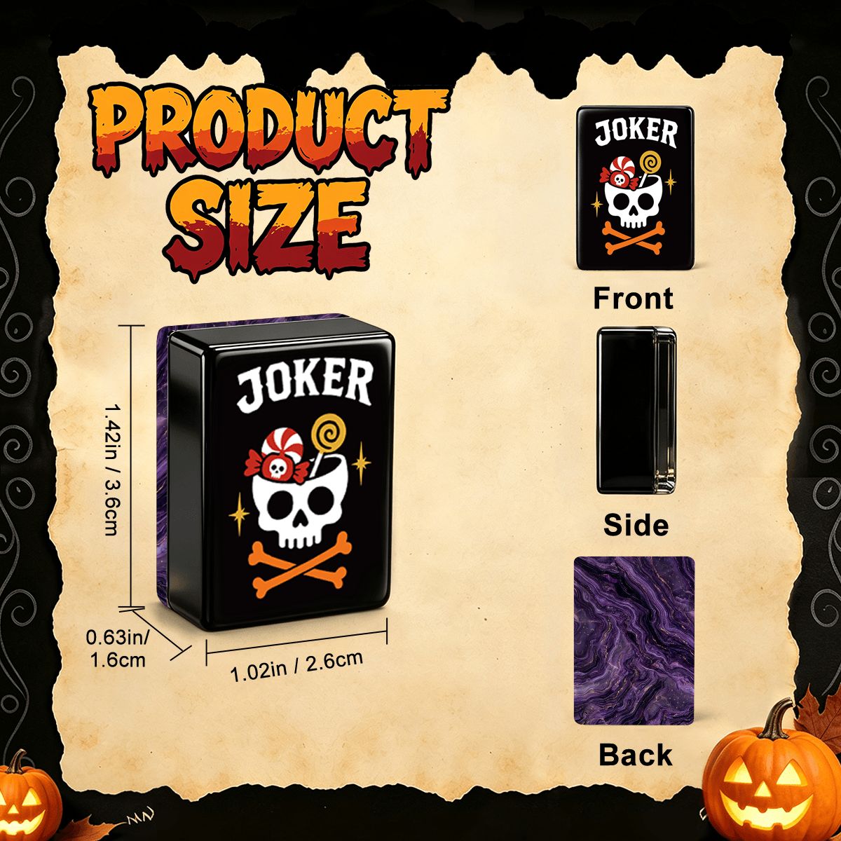 Skull Diner Halloween mahjong tile size diagram showing 1.42in front, 1.02in width, and 0.63in side dimensions with skull Joker design and purple marble back