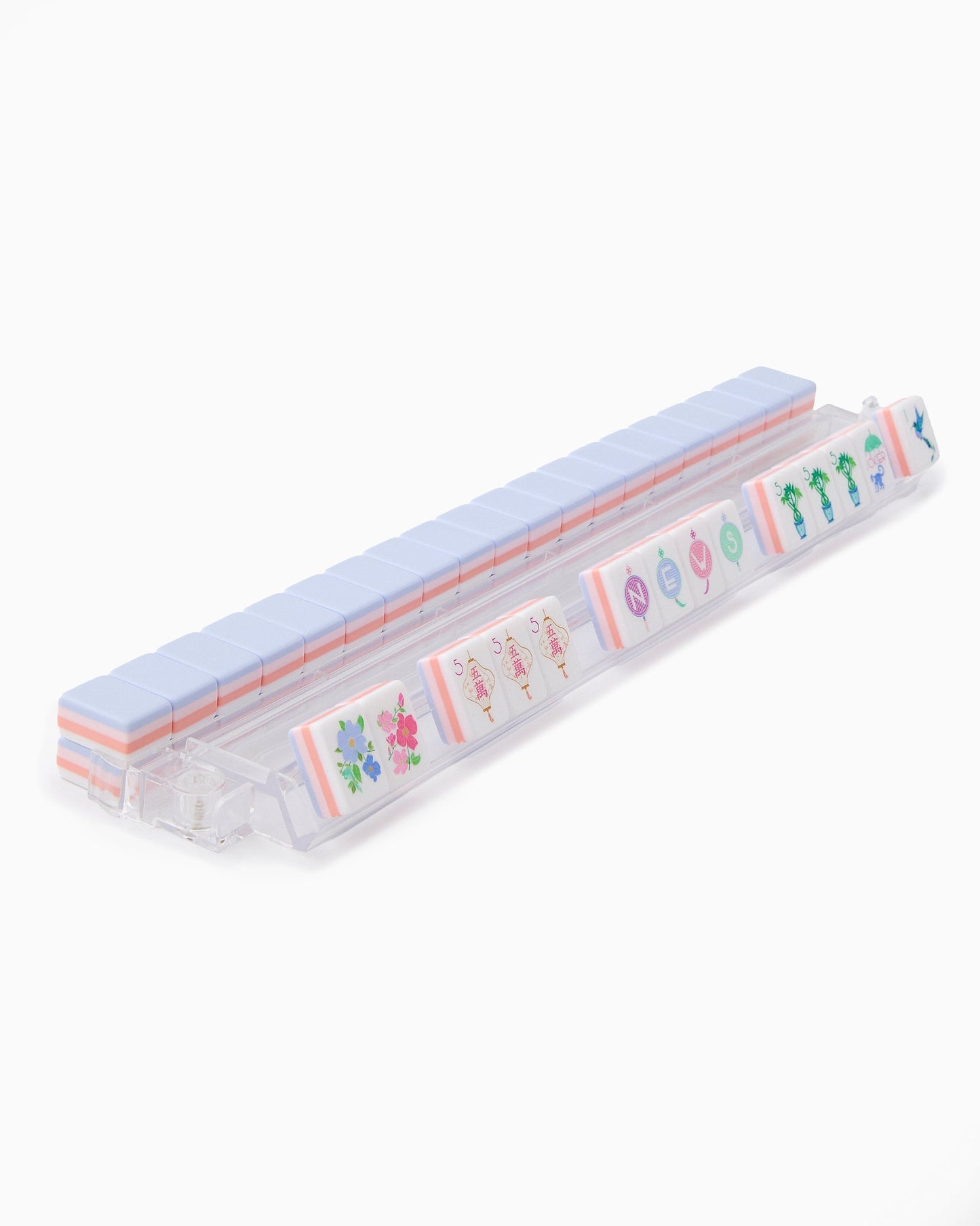Violet Coral violet and coral acrylic American mahjong tile set tiles arranged on a clear pusher
