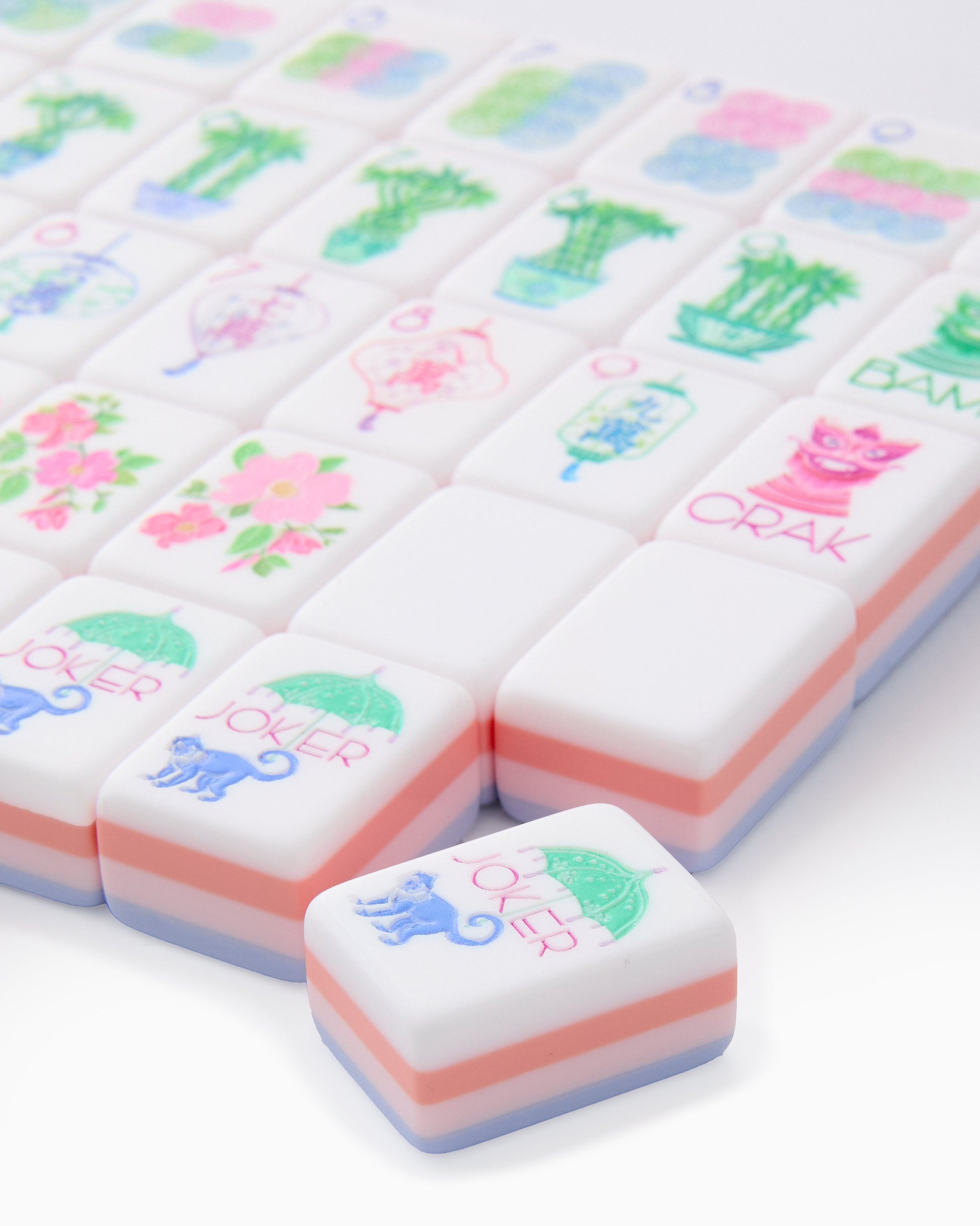 Violet Coral violet and coral acrylic American mahjong tile set close-up tile artwork and layered acrylic backs