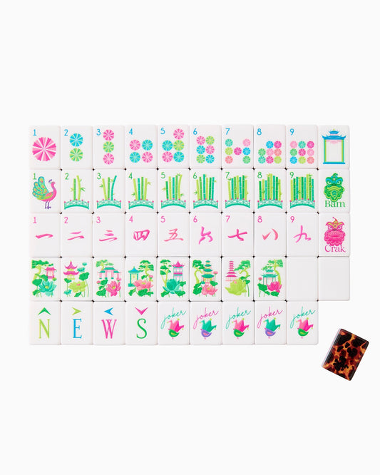 Wild Garden leopard print and fuchsia acrylic American mahjong tile set complete tile layout