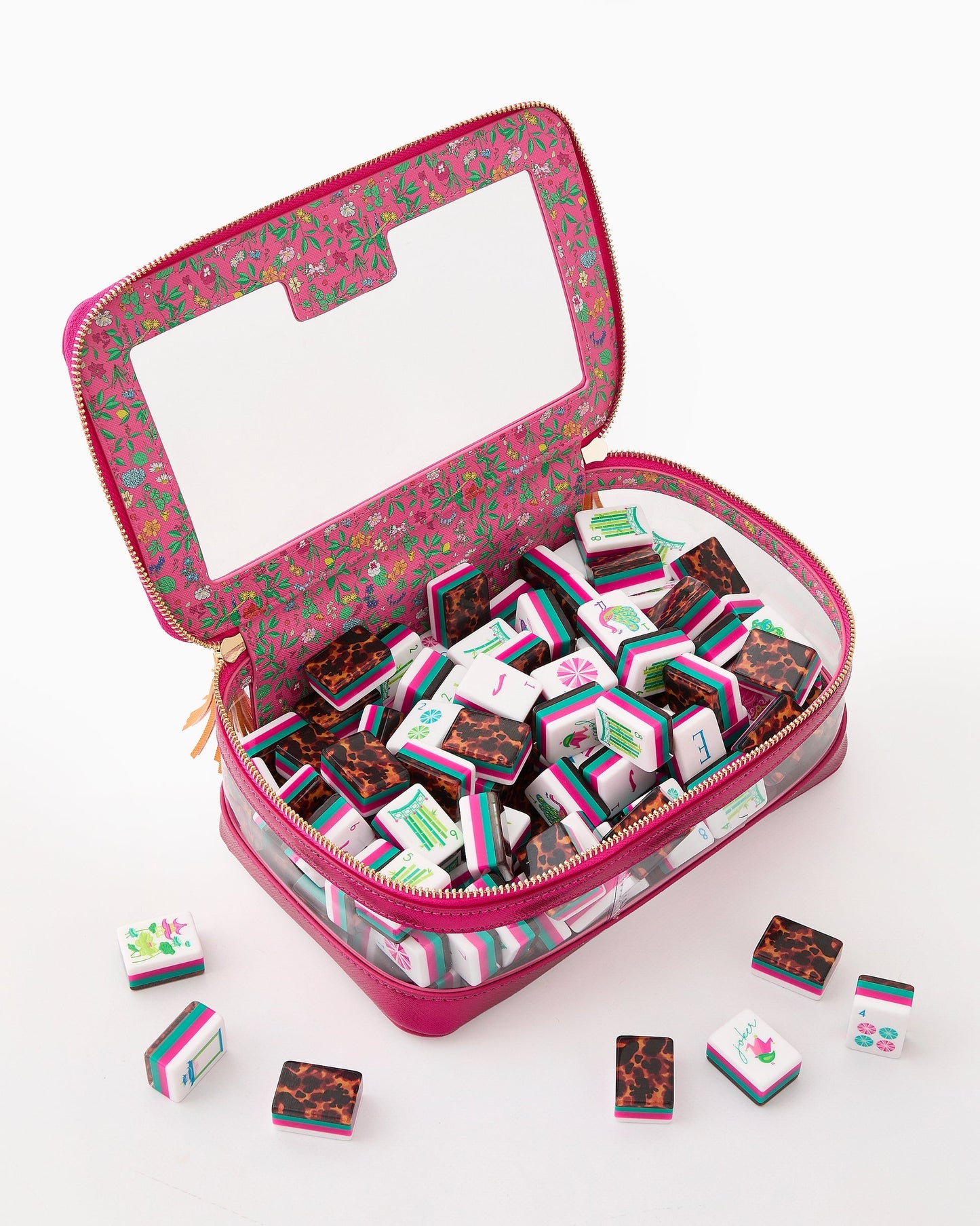 Wild Garden leopard print and fuchsia acrylic American mahjong tile set tiles and coordinated colors