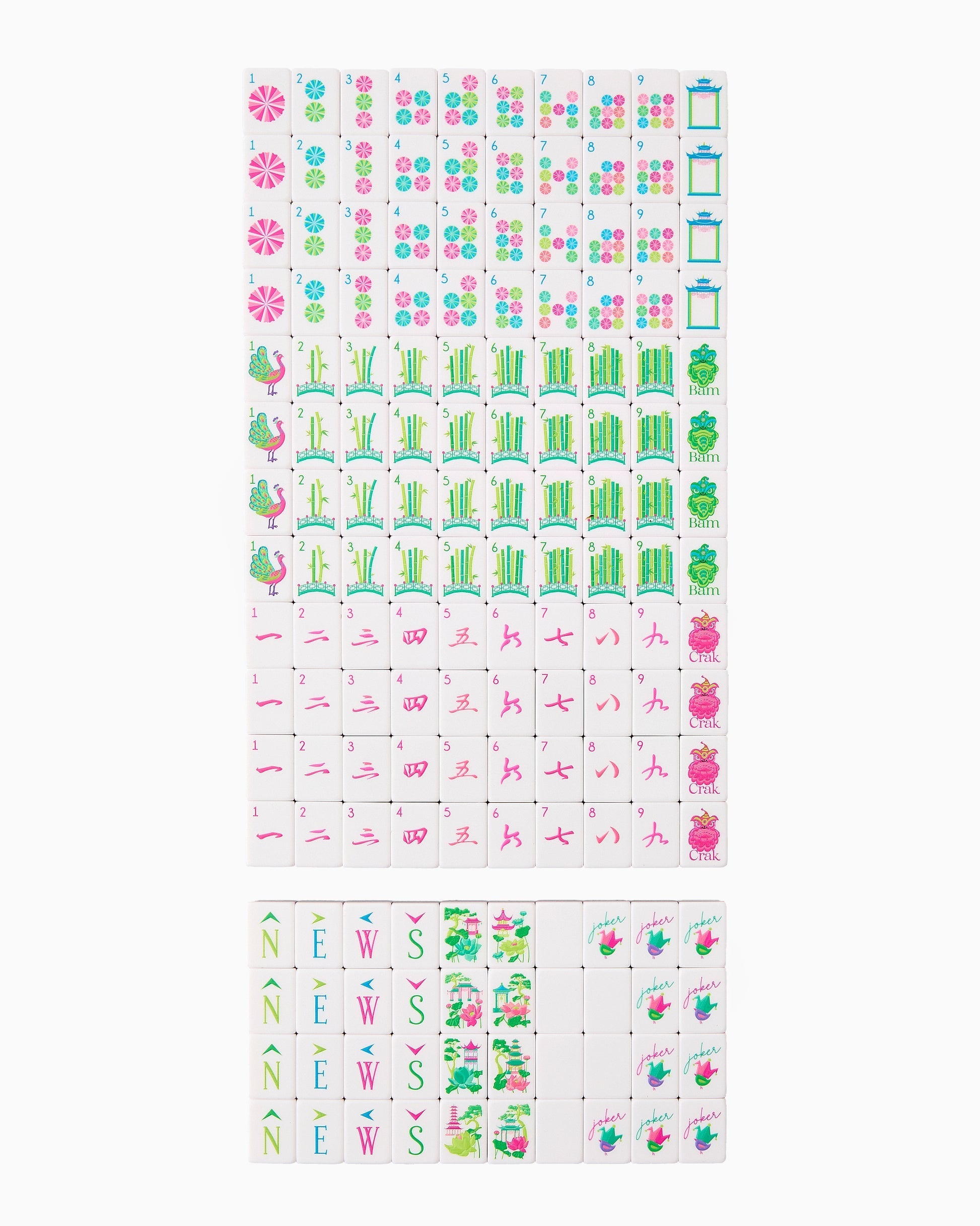 Wild Garden leopard print and fuchsia acrylic American mahjong tile set full set arrangement